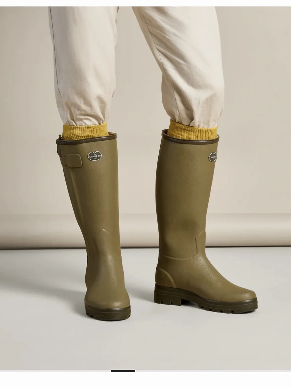 Le Chameau Men's Chasseur leather lined tall rubber boots, olive green